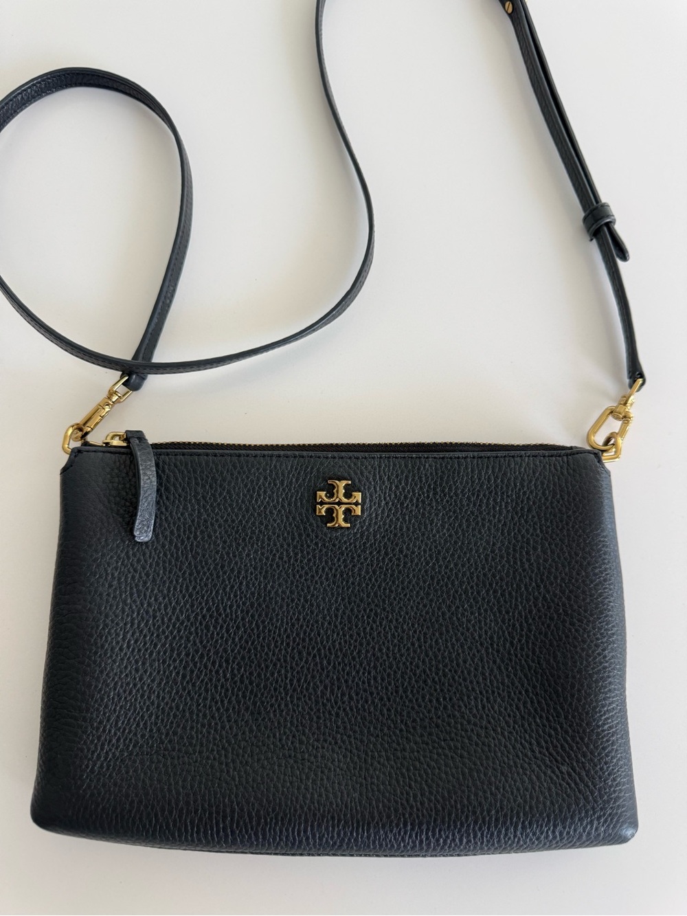 Tory Burch Black Pebbled Leather Crossbody with Gold Logo
